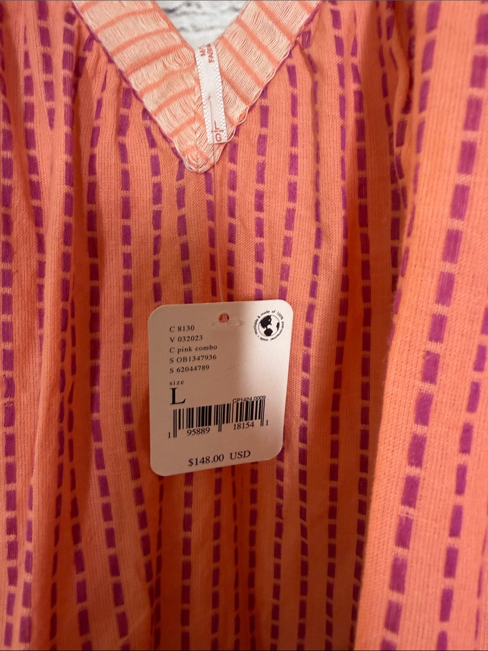 Free People Peach & Pink Striped V-Neck Over Sized Caftan Tunic Dress Size Large - Picture 7 of 12